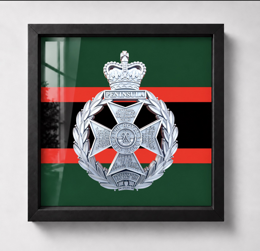 Royal Green Jackets Silver 3D Printed Cap Badge in Black Display Frame - Precision Military Emblems
