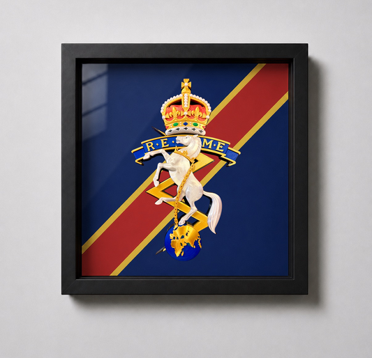 Royal Electrical and Mechanical Engineers King's Crown Cap Badge Display Frame - Precision Military Emblems