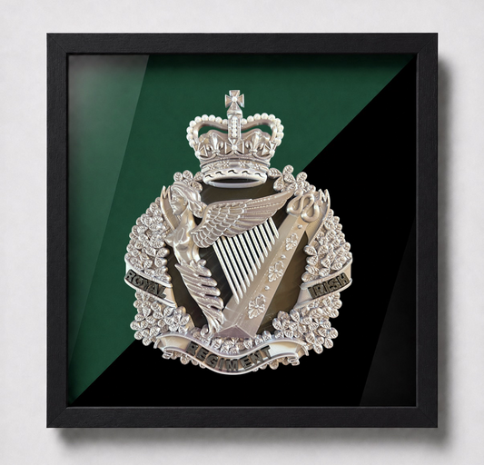 The Royal Irish Regiment Cap Badge Display Frame | Silver, Black & White - Precision Military Emblems
