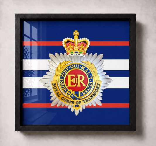 Black frame: Officially licensed Royal Corps of Transport cap badge presented in a deep box display frame