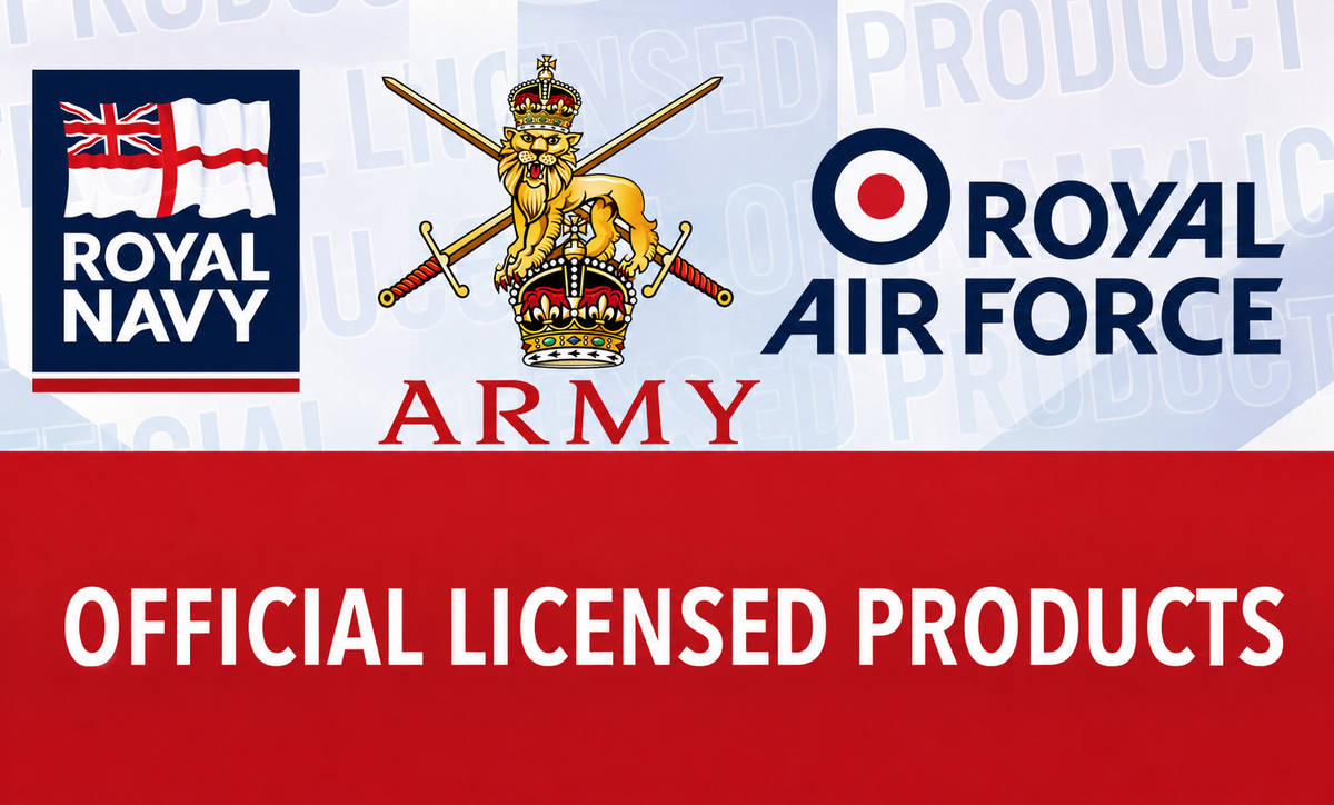 Official Licensed Products banner showing Royal Navy, Army and Royal Air Force insignia