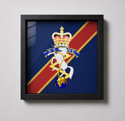 Royal Electrical and Mechanical Engineers Queen's Crown Cap Badge Display Frame - Precision Military Emblems
