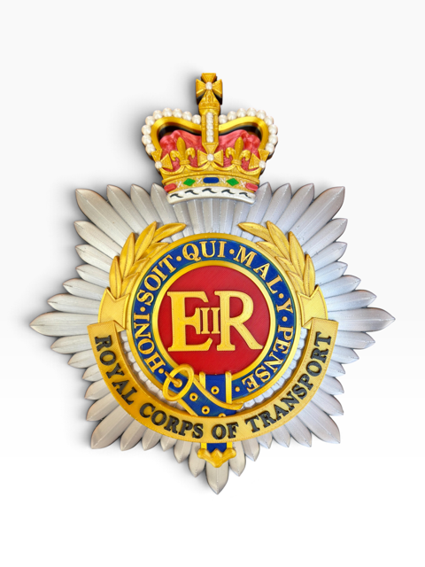 Royal Corps of Transport Queen's Crown cap badge reproduction in full-colour Silk PLA