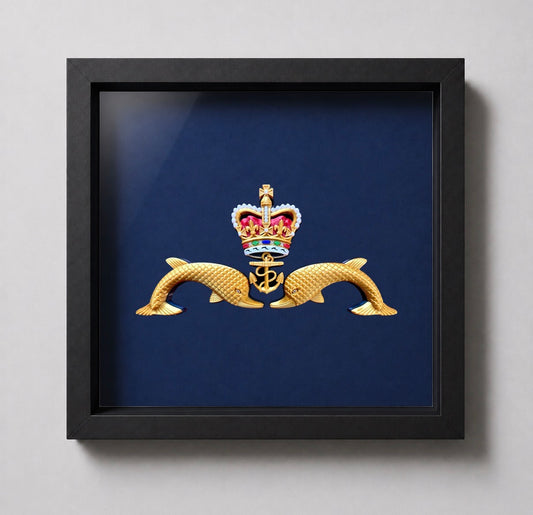 Royal Navy Submarine Service "Dolphins" Cap Badge Display Frame | Queen's Crown | Officially Licensed - Precision Military Emblems