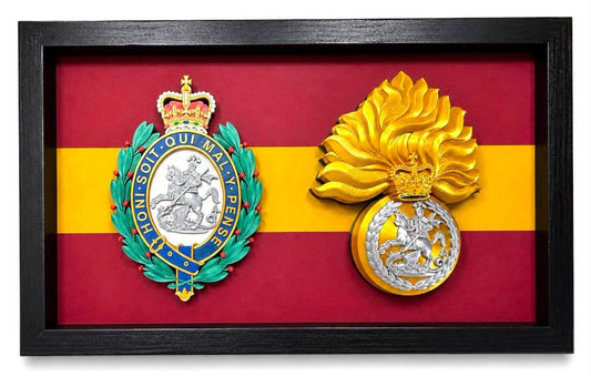 Double Military Cap Badge Heritage in a black display frame