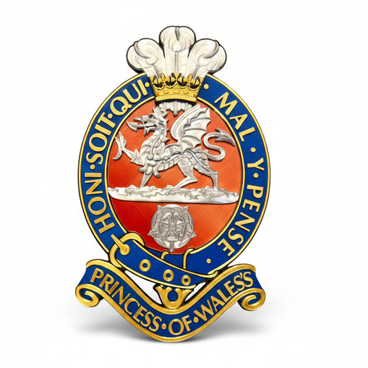 Princess Of Wales's Royal Regiment 3D Printed Cap Badge Red and Silver - Precision Military Emblems