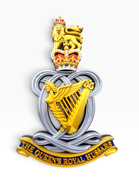 Queen’s Royal Hussars Queen’s Crown cap badge showing the crown and lion in detailed full colour