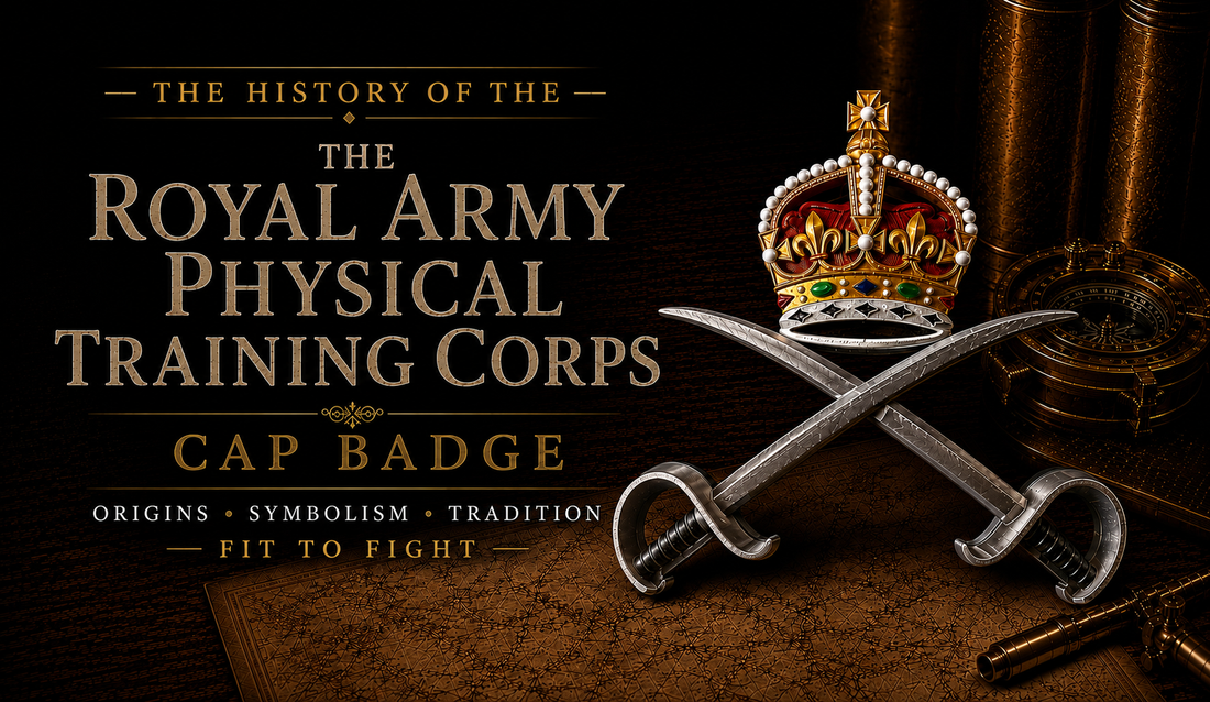 Royal Army Physical Training Corps (RAPTC) cap badge — crossed swords, laurel wreath, and King's Crown