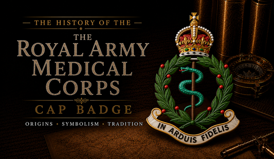 Royal Army Medical Corps (RAMC) cap badge — Rod of Asclepius, laurel wreath, and King's Crown
