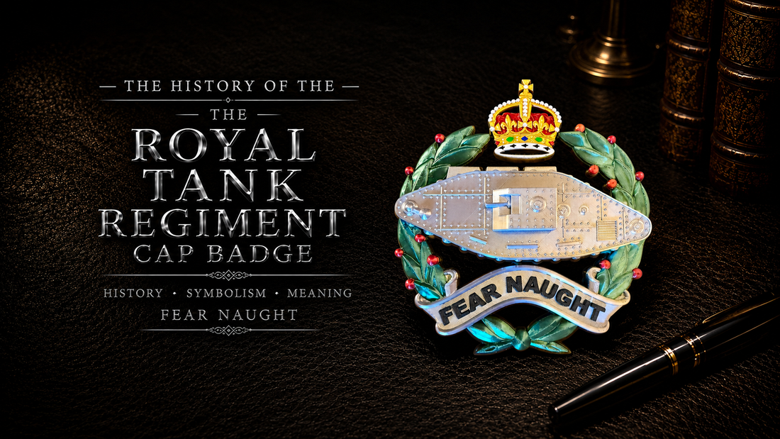 Royal Tank Regiment cap badge — King's Crown version — showing the rhomboid First World War tank, laurel wreath and Fear Naught motto scroll, displayed against a dark leather background