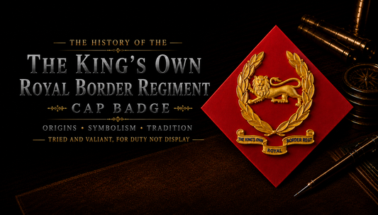 King's Own Royal Border Regiment cap badge — Lion of England within laurel wreath, surmounted by Queen's Crown, on red diamond backing