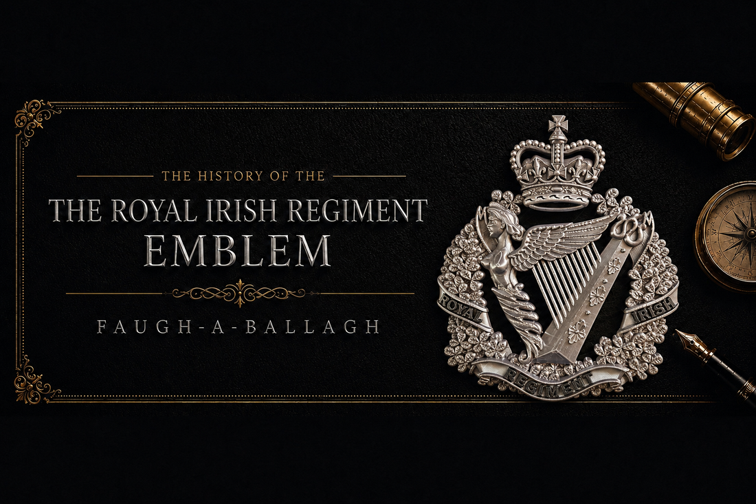 The Royal Irish Regiment cap badge featuring the Irish harp surmounted by a King's Crown, surrounded by shamrocks, with the motto Faugh-A-Ballagh — history and symbolism guide by Precision Military Emblems