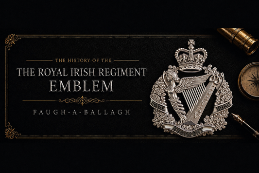 The Royal Irish Regiment cap badge featuring the Irish harp surmounted by a King's Crown, surrounded by shamrocks, with the motto Faugh-A-Ballagh — history and symbolism guide by Precision Military Emblems