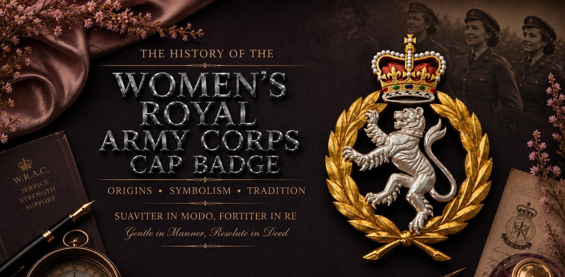 The History of the Women's Royal Army Corps Cap Badge — a silver lioness rampant within a gold laurel wreath surmounted by the Queen's Crown, with WRAC servicewomen in the background and the corps motto Suaviter in Modo, Fortiter in Re