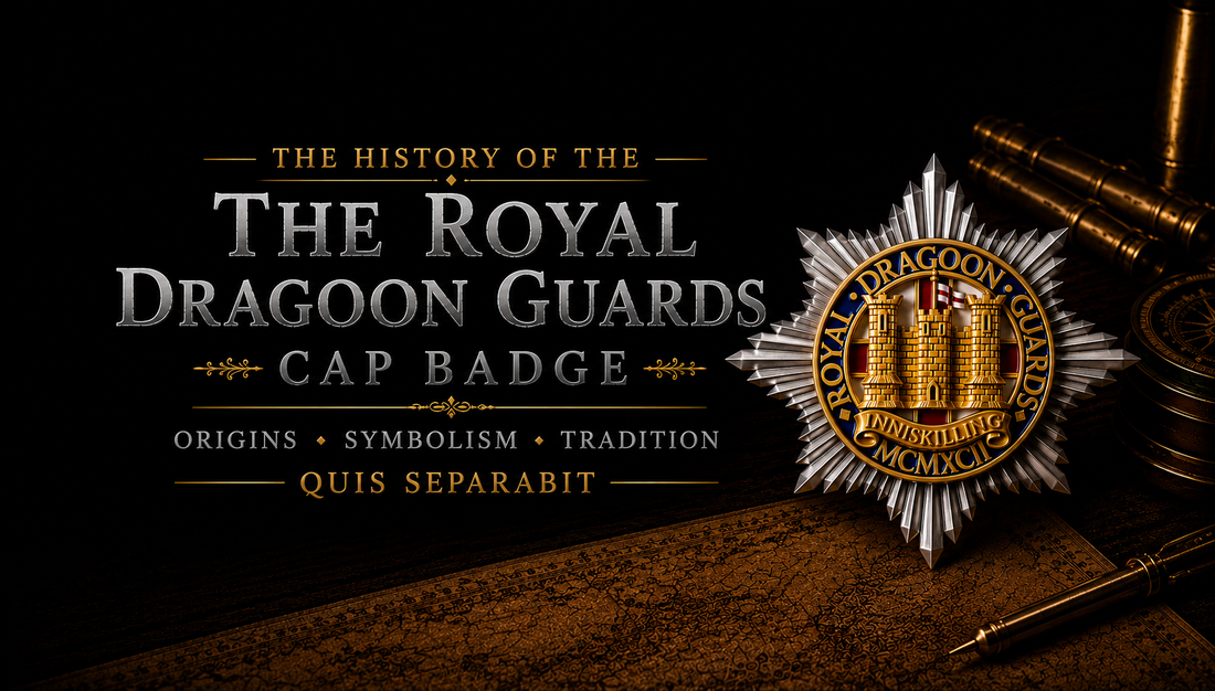 The History of the Royal Dragoon Guards Cap Badge — silver eight-pointed star with Castle of Inniskilling and Quis Separabit motto, on antique map with brass instruments