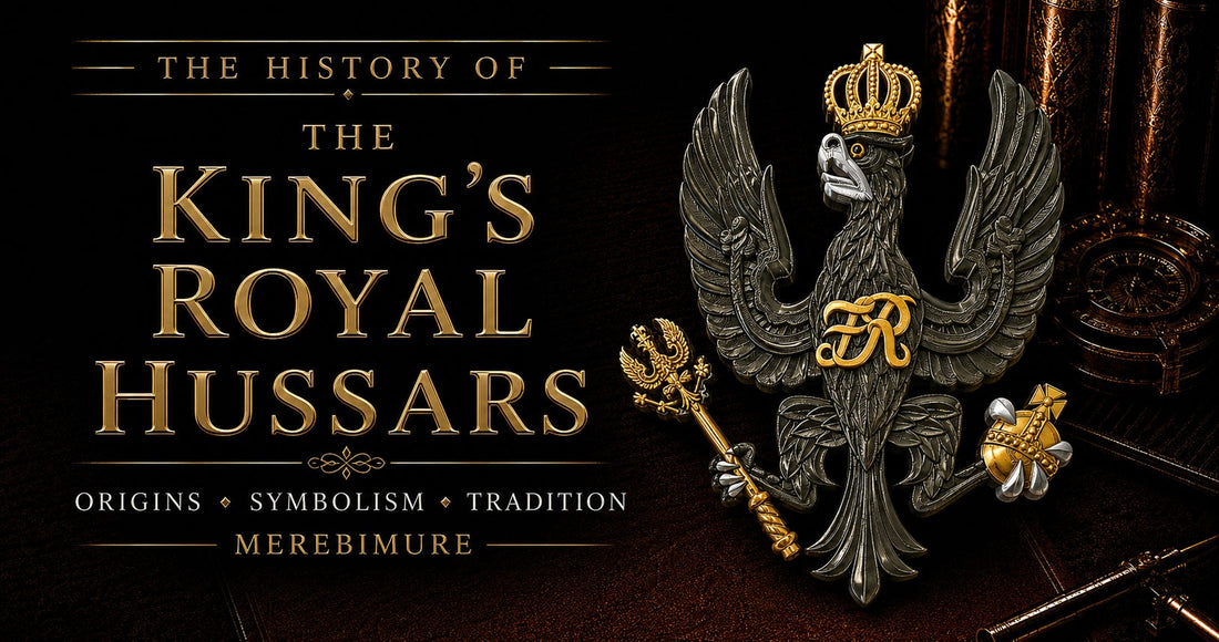 The King's Royal Hussars cap badge featuring the Prussian Eagle with FR cypher and crown, set against a dark heritage background