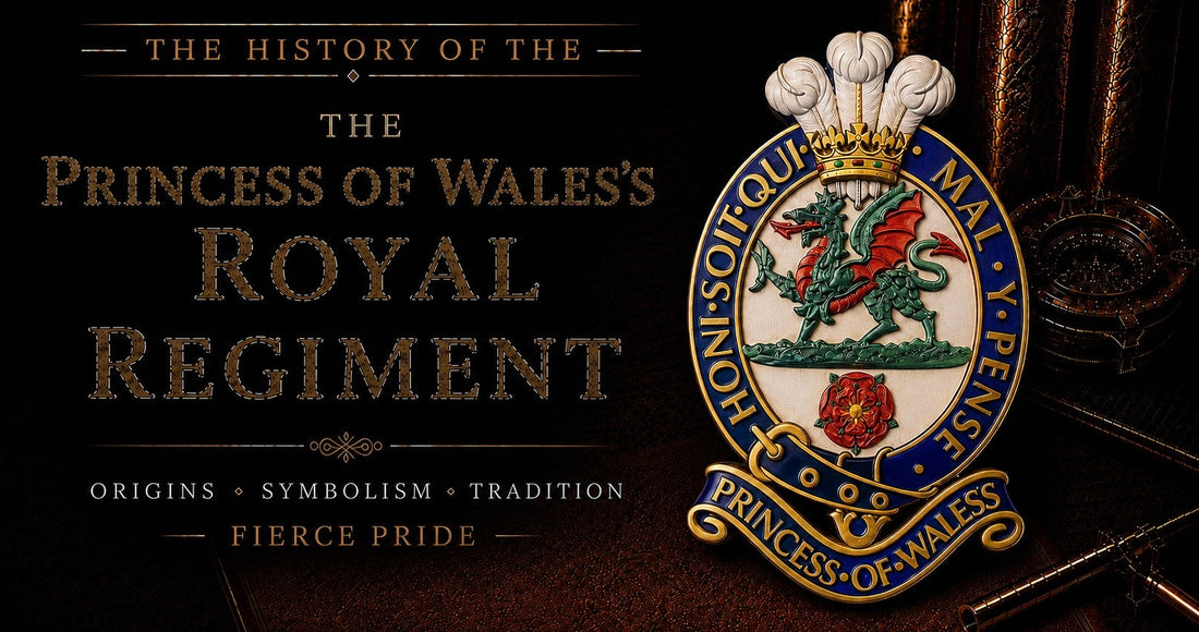 The History of the Princess of Wales's Royal Regiment — Origins, Symbolism and Tradition — featuring the full colour cap badge with Tudor Dragon, Hampshire Rose, Prince of Wales's Feathers, and Garter