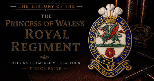 The History of the Princess of Wales's Royal Regiment — Origins, Symbolism and Tradition — featuring the full colour cap badge with Tudor Dragon, Hampshire Rose, Prince of Wales's Feathers, and Garter