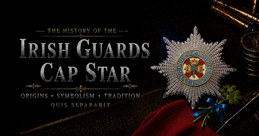 The Irish Guards cap star — an eight-pointed rayed star derived from the Star of the Order of St Patrick, shown with shamrock and St Patrick's blue ribbon against a dark heritage background