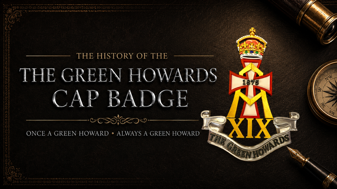 The History of the Green Howards Cap Badge — featuring Princess Alexandra's coronet, A cypher, Dannebrog (Cross of Denmark), Roman numeral XIX and scroll inscribed 'The Green Howards', with the date 1875