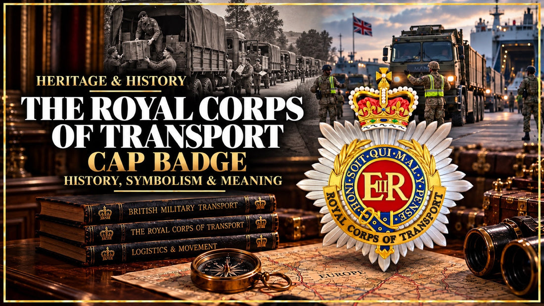 Royal Corps of Transport heritage and history banner featuring transport vehicles and cap badge