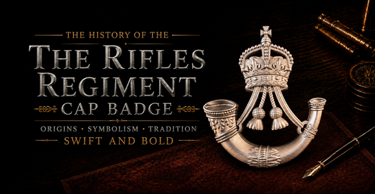 The Rifles cap badge — silver strung bugle horn surmounted by the Royal Crown, officially licensed