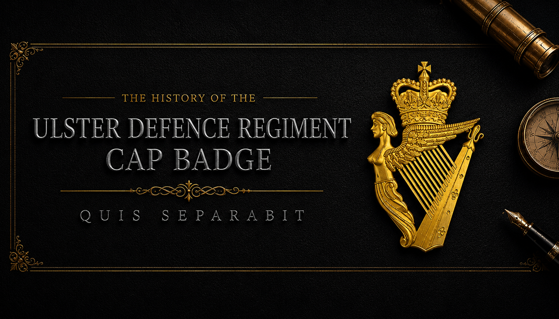 Ulster Defence Regiment Cap Badge featuring the Irish harp surmounted by a King's Crown, with the motto Quis Separabit — history and symbolism guide by Precision Military Emblems