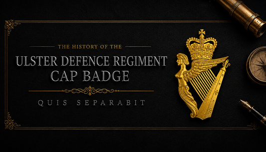 Ulster Defence Regiment Cap Badge featuring the Irish harp surmounted by a King's Crown, with the motto Quis Separabit — history and symbolism guide by Precision Military Emblems