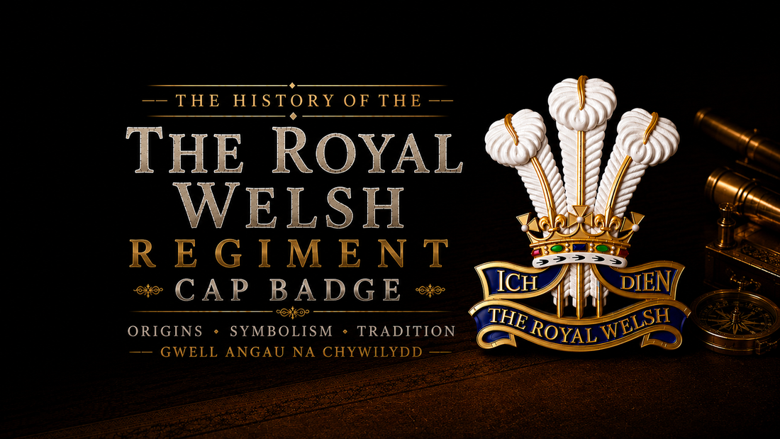 The Royal Welsh cap badge — Prince of Wales feathers with coronet and Ich Dien motto scroll, displayed on dark wood with brass instruments