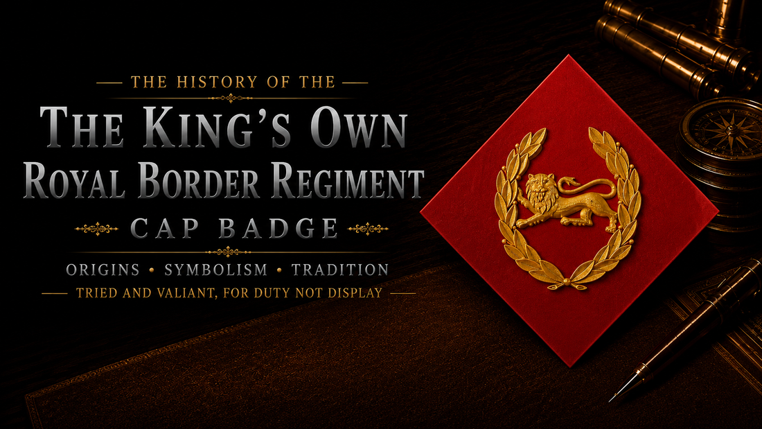 "King's Own Royal Border Regiment cap badge — Lion of England within laurel wreath, surmounted by Queen's Crown, on red diamond backing"