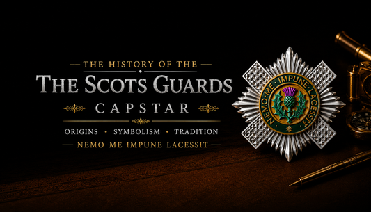 The History of the Scots Guards Capstar — Star of the Order of the Thistle with Scottish Thistle and Nemo Me Impune Lacessit motto, on dark wood with brass instruments