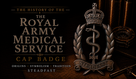 Royal Army Medical Service (RAMS) cap badge — King's Crown, featuring serpent, Dannebrog cross, and sword blade from the RAMC, QARANC, and RADC