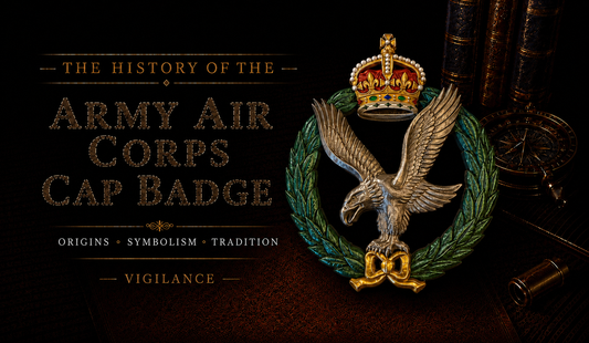 Army Air Corps cap badge — eagle within laurel wreath beneath King's Crown, with the words Origins, Symbolism, Tradition and Vigilance