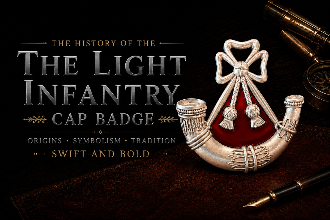 Light Infantry cap badge — silver stringed bugle horn on red backing, officially licensed reproduction