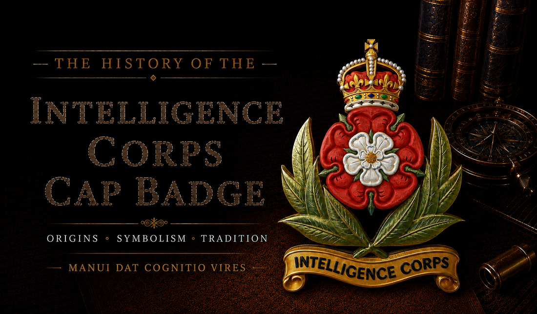 Intelligence Corps cap badge featuring the Union Rose, King's Crown, and laurel branches with the motto Manui Dat Cognitio Vires