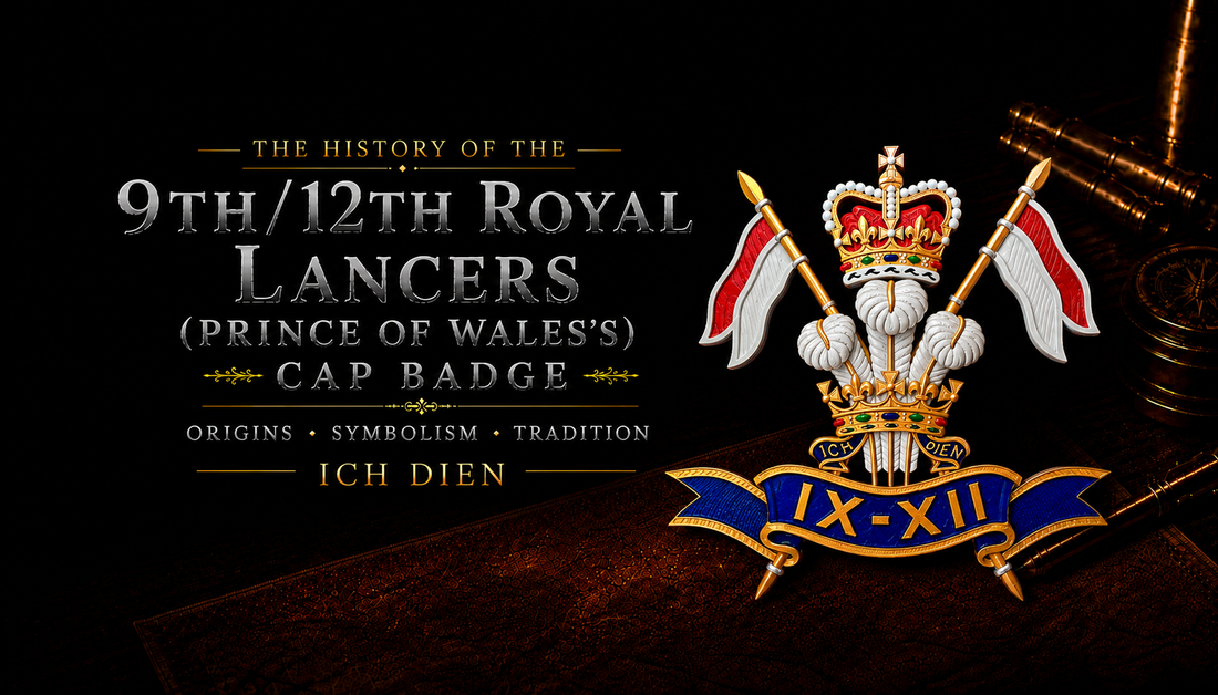 The History of the 9th/12th Royal Lancers (Prince of Wales's) Cap Badge — Origins, Symbolism and Tradition. Ich Dien. Heritage banner showing the regimental badge with crossed lances, Prince of Wales's feathers, Queen's Crown and IX-XII scroll.