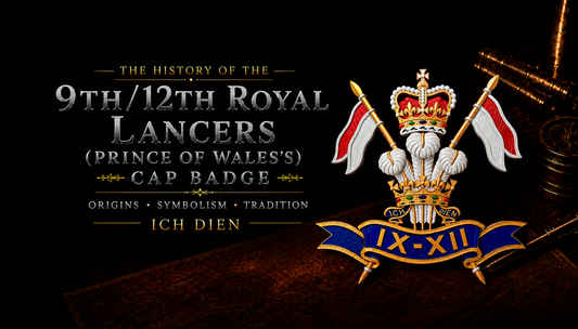 The History of the 9th/12th Royal Lancers (Prince of Wales's) Cap Badge — Origins, Symbolism and Tradition. Ich Dien. Heritage banner showing the regimental badge with crossed lances, Prince of Wales's feathers, Queen's Crown and IX-XII scroll.