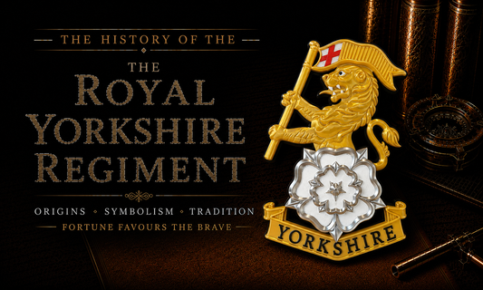 The Royal Yorkshire Regiment Cap Badge — featuring the White Rose of York, heraldic lion holding a pennon, and Yorkshire scroll