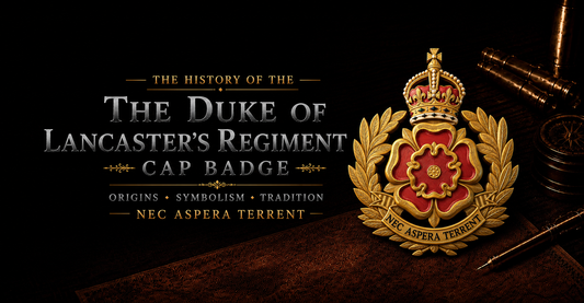 The Duke of Lancaster's Regiment cap badge — gilding metal, dead gilt and burnished finish, featuring the Red Rose of Lancaster charged with the Royal Crown within a Fontenoy Laurel Wreath, with the motto Nec Aspera Terrent on a scroll beneath.