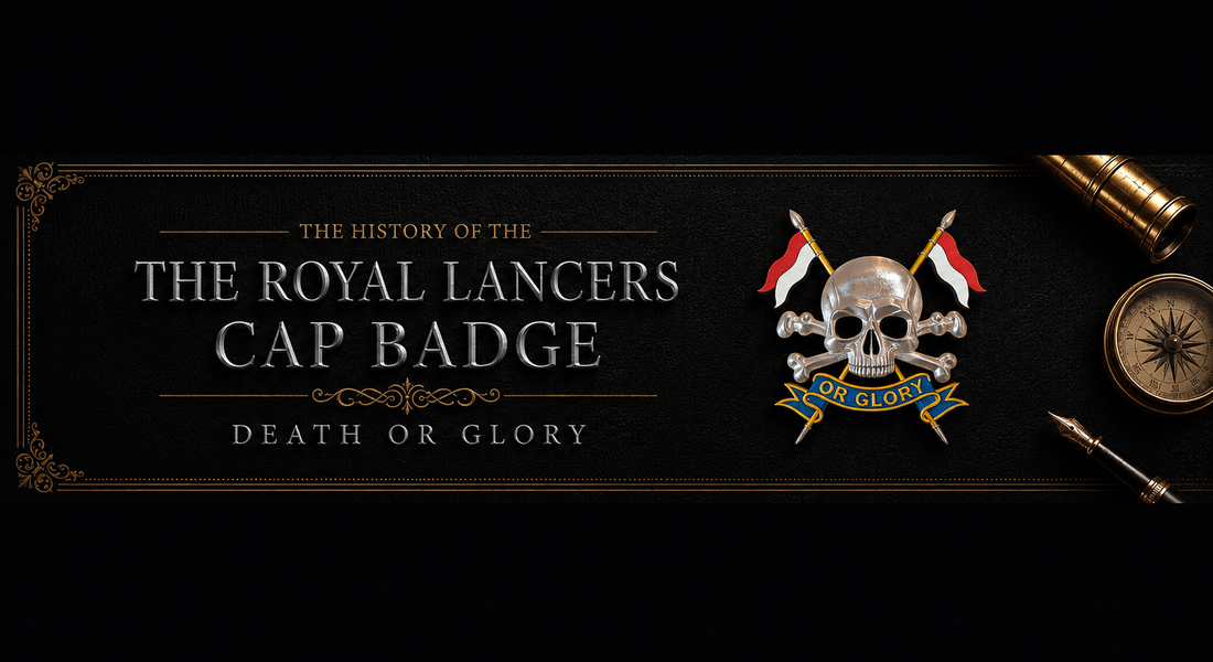 The Royal Lancers cap badge featuring a skull and crossbones with crossed lances and pennants, bearing the motto Death or Glory — history and symbolism guide by Precision Military Emblems