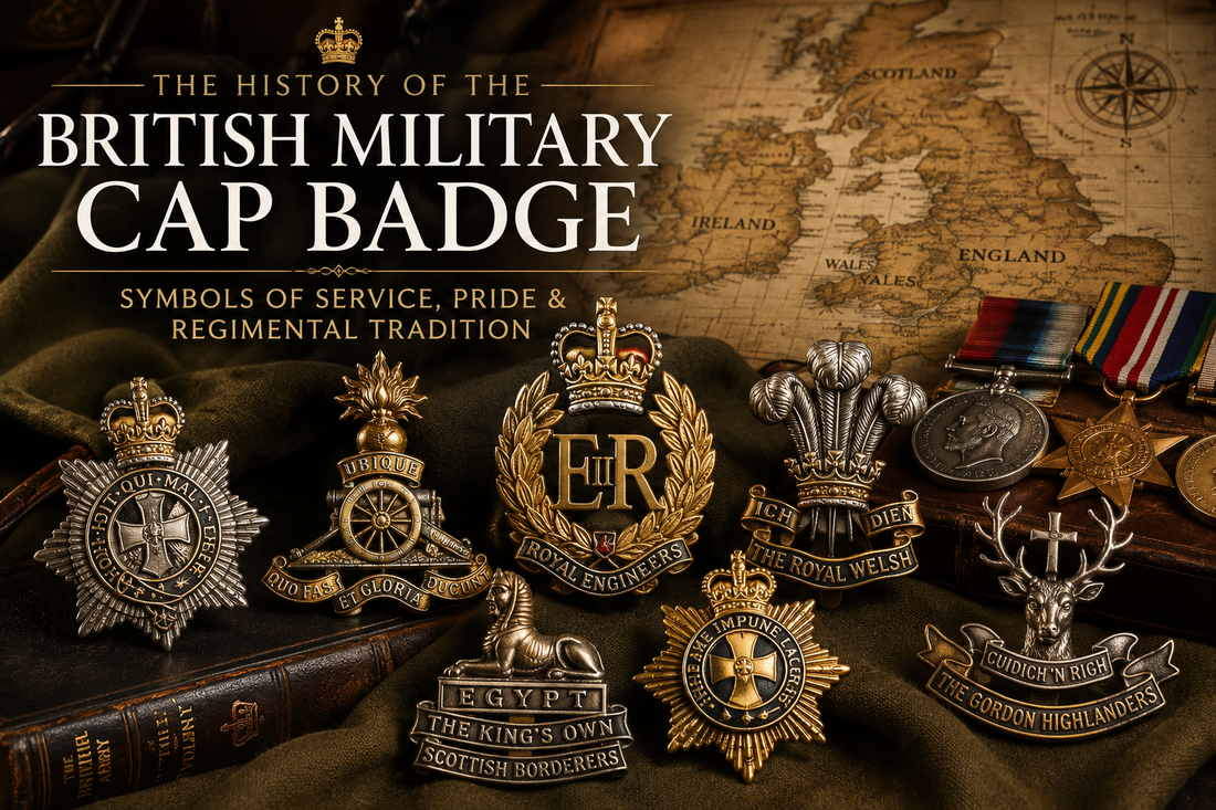 British military cap badges and regimental insignia representing the history and traditions of the British Army