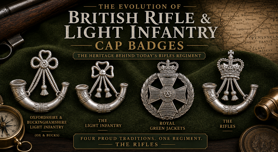 British Rifle and Light Infantry cap badges including Oxfordshire and Buckinghamshire Light Infantry, The Light Infantry, Royal Green Jackets and The Rifles displayed to illustrate the evolution of British Army infantry heritage.