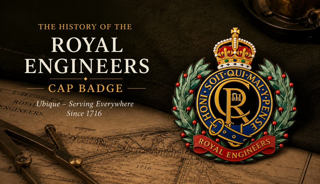 Royal Engineers cap badge — royal cypher with Garter motto Honi Soit Qui Mal Y Pense, laurel wreath and Royal Engineers scroll