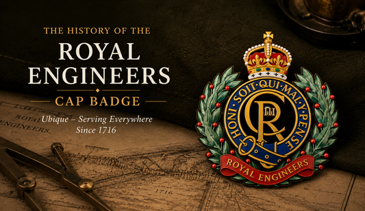 Royal Engineers cap badge — royal cypher with Garter motto Honi Soit Qui Mal Y Pense, laurel wreath and Royal Engineers scroll