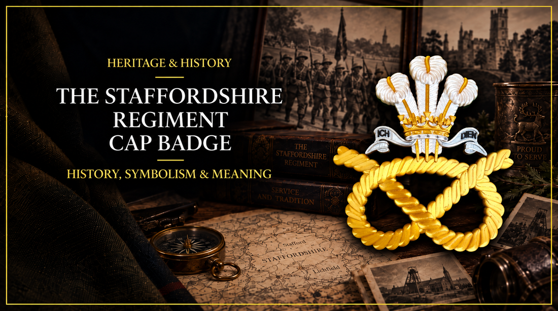 Staffordshire Regiment cap badge heritage history banner featuring the Stafford Knot, Prince of Wales's feathers and ICH DIEN motto