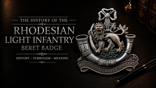 The History of the Rhodesian Light Infantry Beret Badge — a silver bugle horn badge with lion and regimental scroll, displayed on a dark leather surface