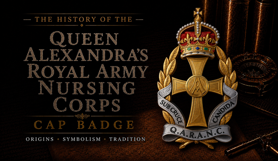 Queen Alexandra's Royal Army Nursing Corps (QARANC) cap badge — King's Crown, featuring Dannebrog cross, laurel wreath, and Q.A.R.A.N.C. scroll
