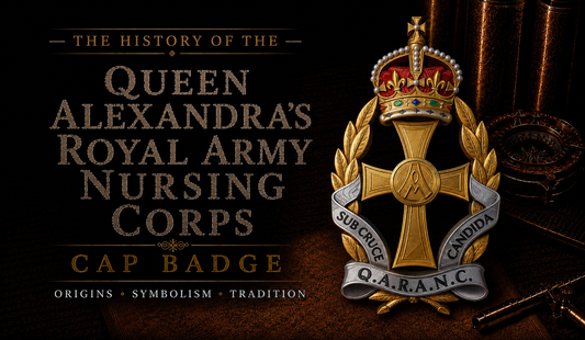 Queen Alexandra's Royal Army Nursing Corps (QARANC) cap badge — King's Crown, featuring Dannebrog cross, laurel wreath, and Q.A.R.A.N.C. scroll