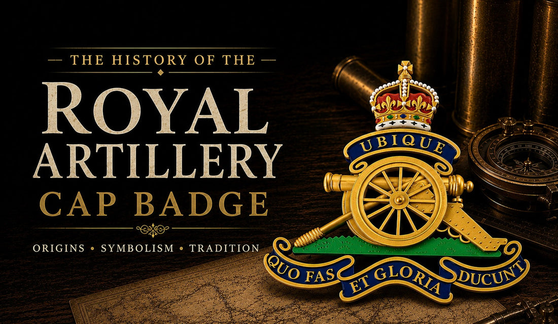 Royal Artillery cap badge — field gun with Ubique and Quo Fas et Gloria Ducunt mottos beneath the Royal Crown