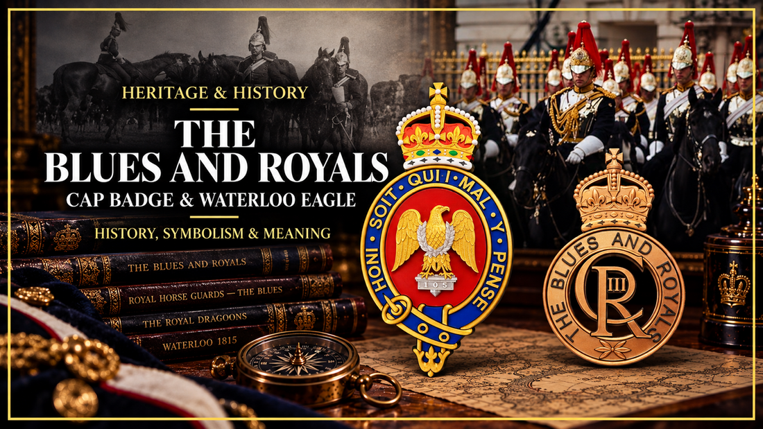 The Blues and Royals heritage and history banner featuring mounted cavalry, the Waterloo Eagle and regimental cap badge